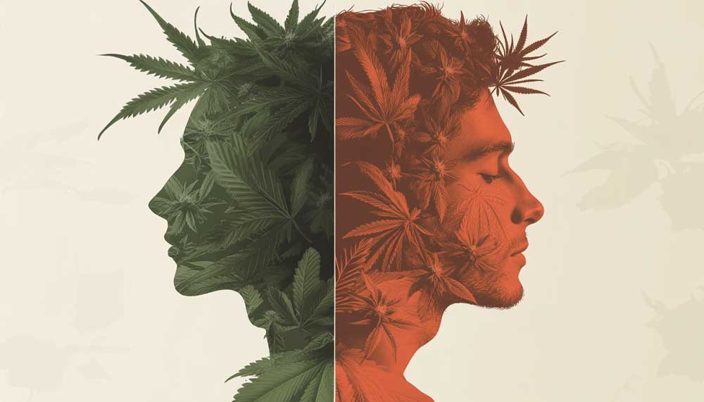 Infographic of the brain illustrating the dual effects of cannabis and its classification as a stimulant, depressant, or hallucinogen.