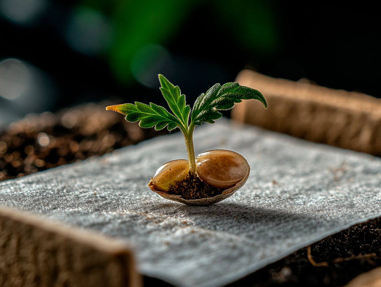 Close-up of cannabis seed germination showing a cracked seed on a moist paper towel, with root tip just starting to emerge.