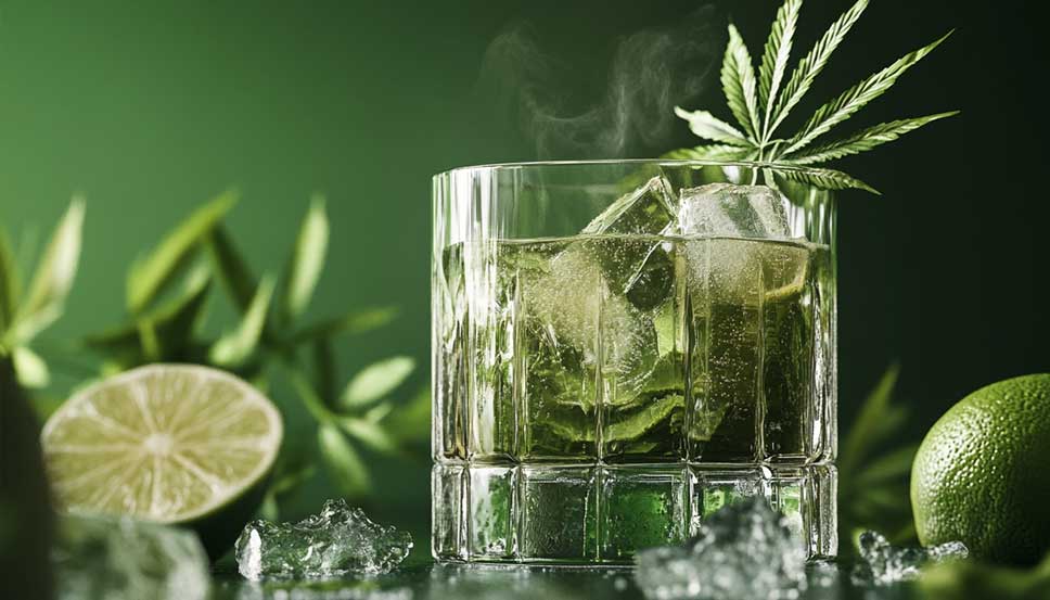 A realistic cannabis cocktail served in a glass with fresh cannabis leaves, lime slices, and crushed ice, perfect for cannabis cocktail lovers.