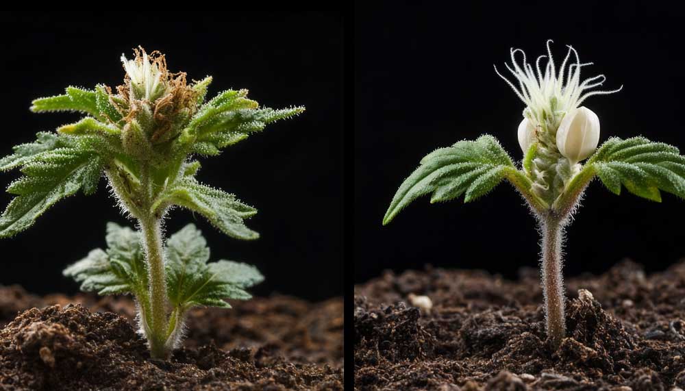 Side-by-side image showing male and female weed plant characteristics