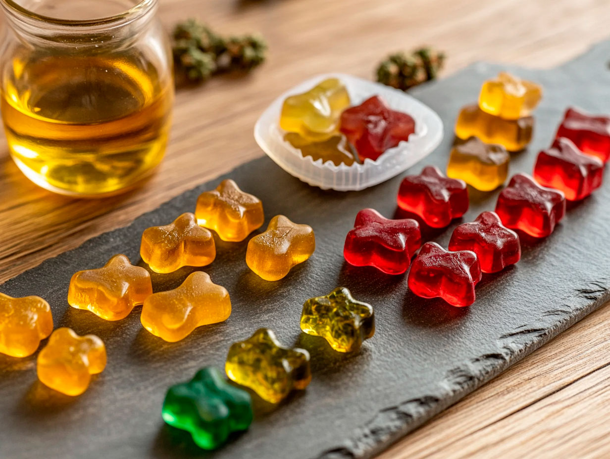 Silicone gummy mold filled with colorful mixture next to gelatin packets and a jar of cannabis tincture, representing a cannabis gummies recipe in progress.