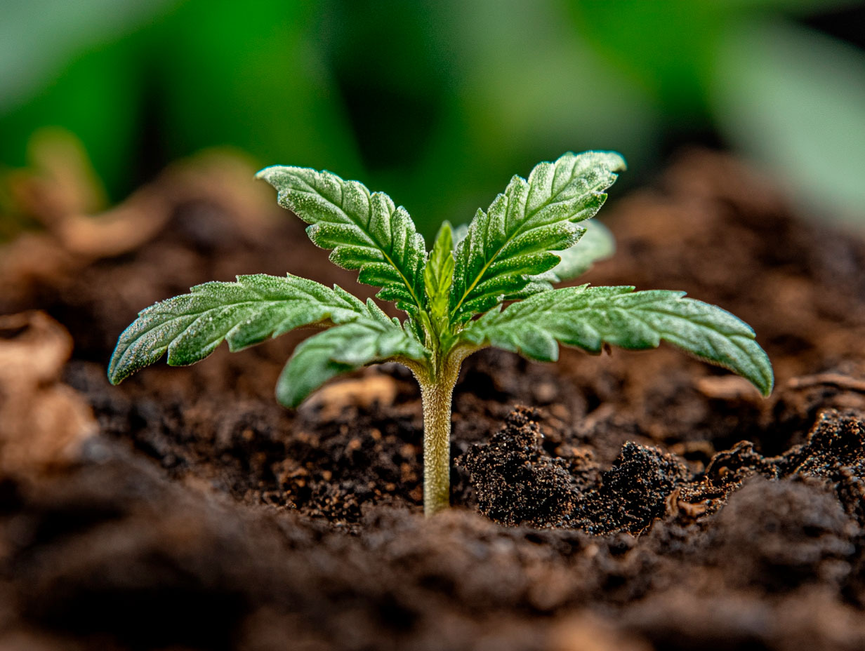 Close-up image of a cannabis seedling growing in moist organic soil during its early stage