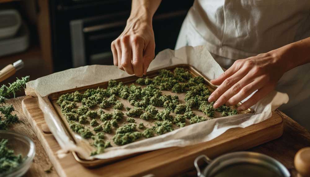 Decarboxylation is the first step in how do you process cannabis to put in cookies—this image shows how to activate THC using oven heat.