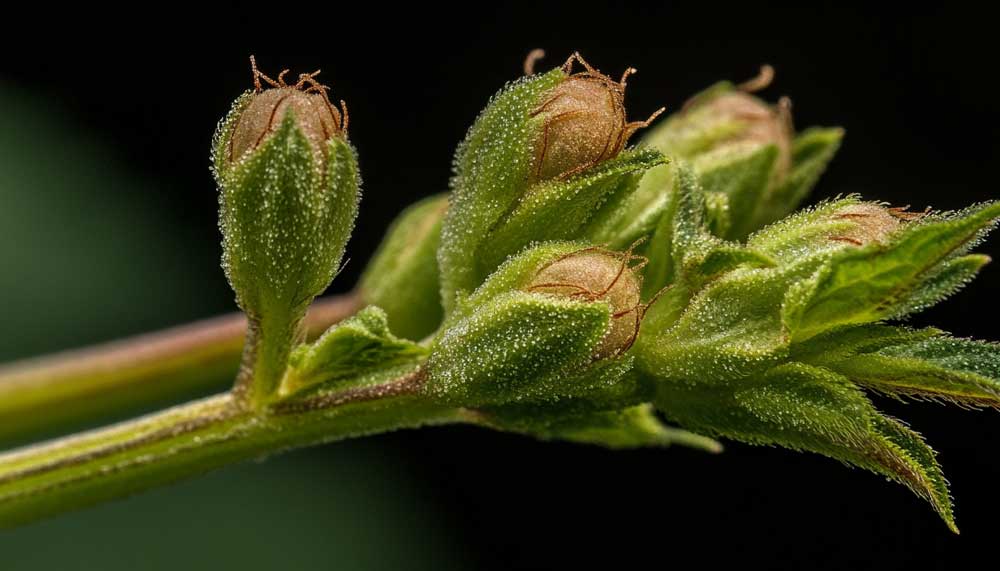 Close-up of male cannabis plant with pollen sacs – sexing cannabis plants early