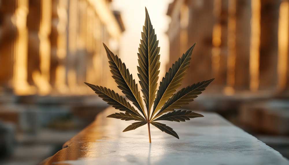 Greek flag with cannabis leaf overlayed near ancient architecture – is weed legal in Greece visual concept