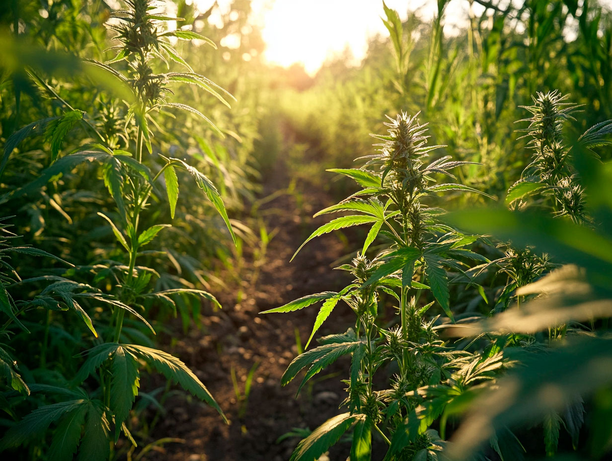 Tall cannabis plants grown from sativa seeds, thriving in an outdoor garden under natural sunlight