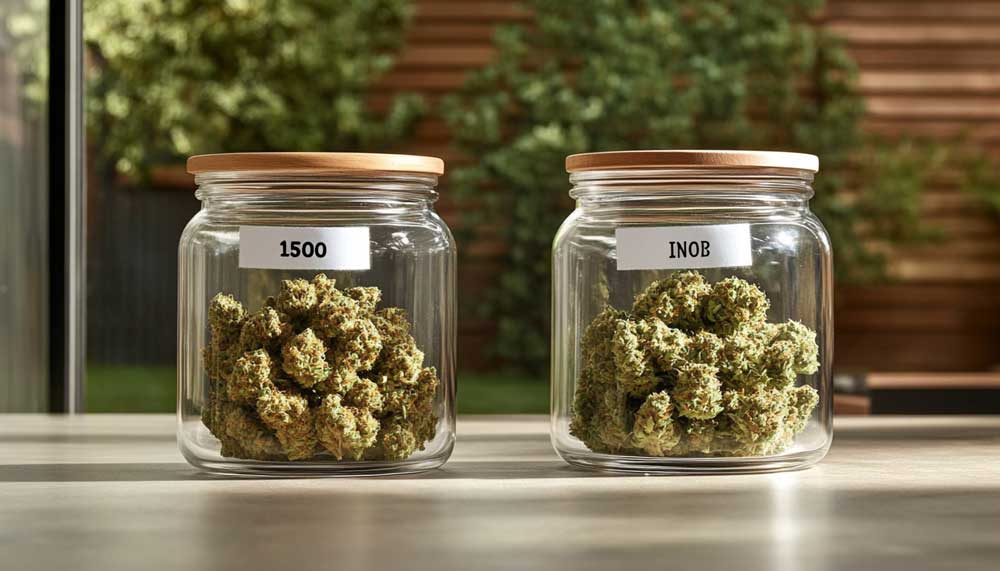 Side-by-side image of cannabis buds grown indoor vs. outdoor with estimated price tags.