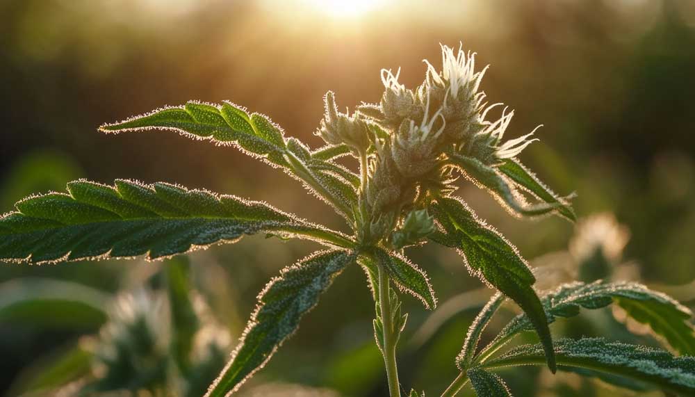 Female cannabis plant showing white pistils at the node during pre-flowering.