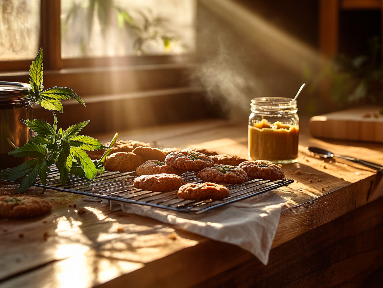Overhead view of a mixing bowl with dough, cannabis-infused butter, eggs, and flour arranged for cannabis cookie recipes preparation.