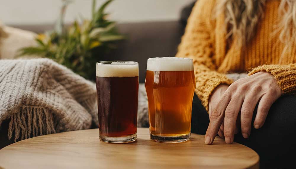 A THC beer can featuring a cannabis leaf logo, photographed in a calming setting