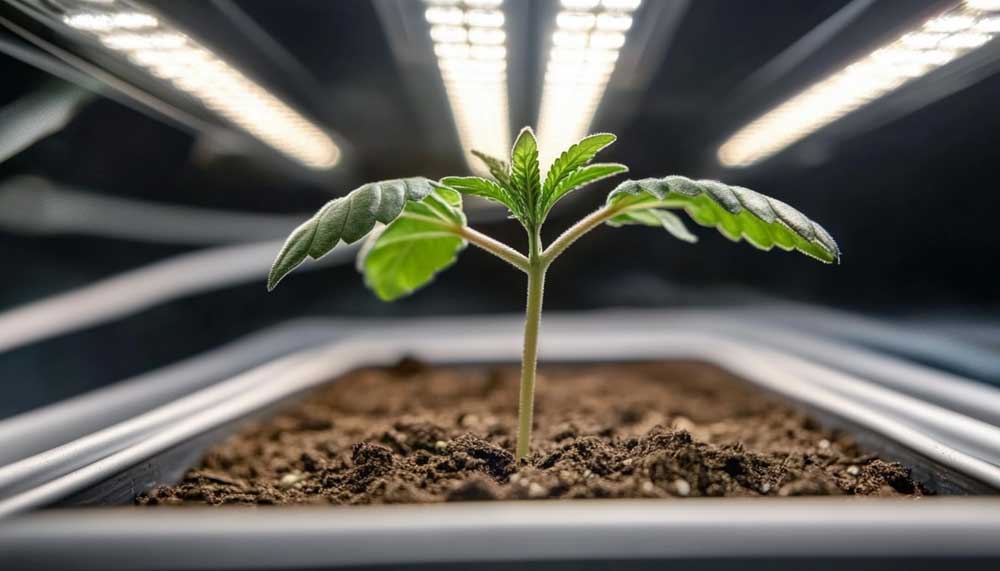 Healthy cannabis seedling with early leaf development under gentle LED lighting.