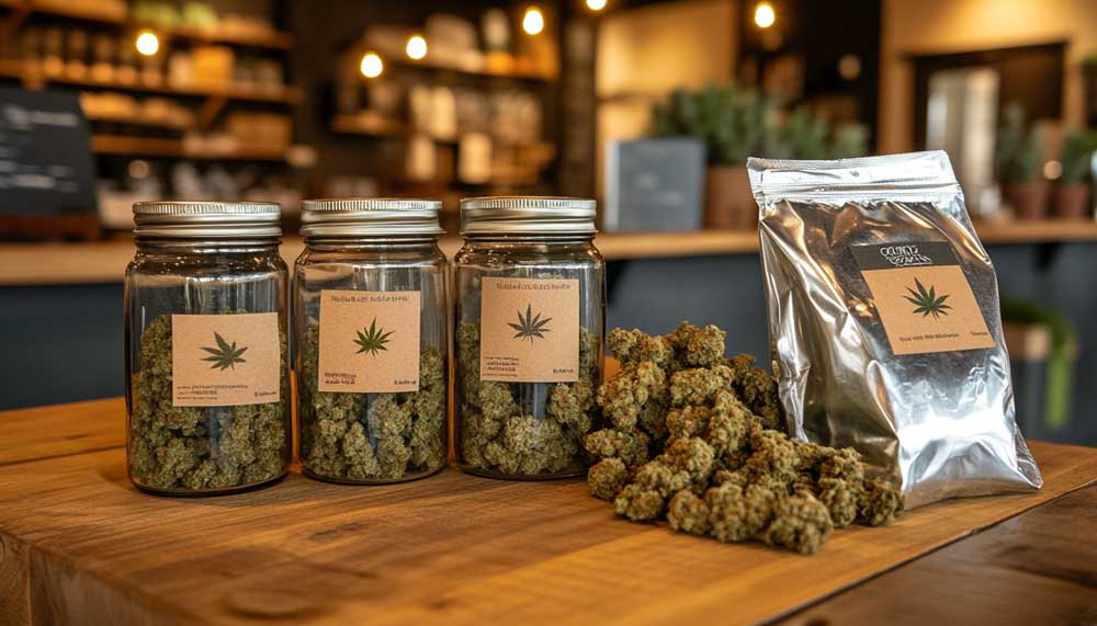 Side-by-side image of cannabis stored in a jar vs. a mylar bag with freshness indicators.