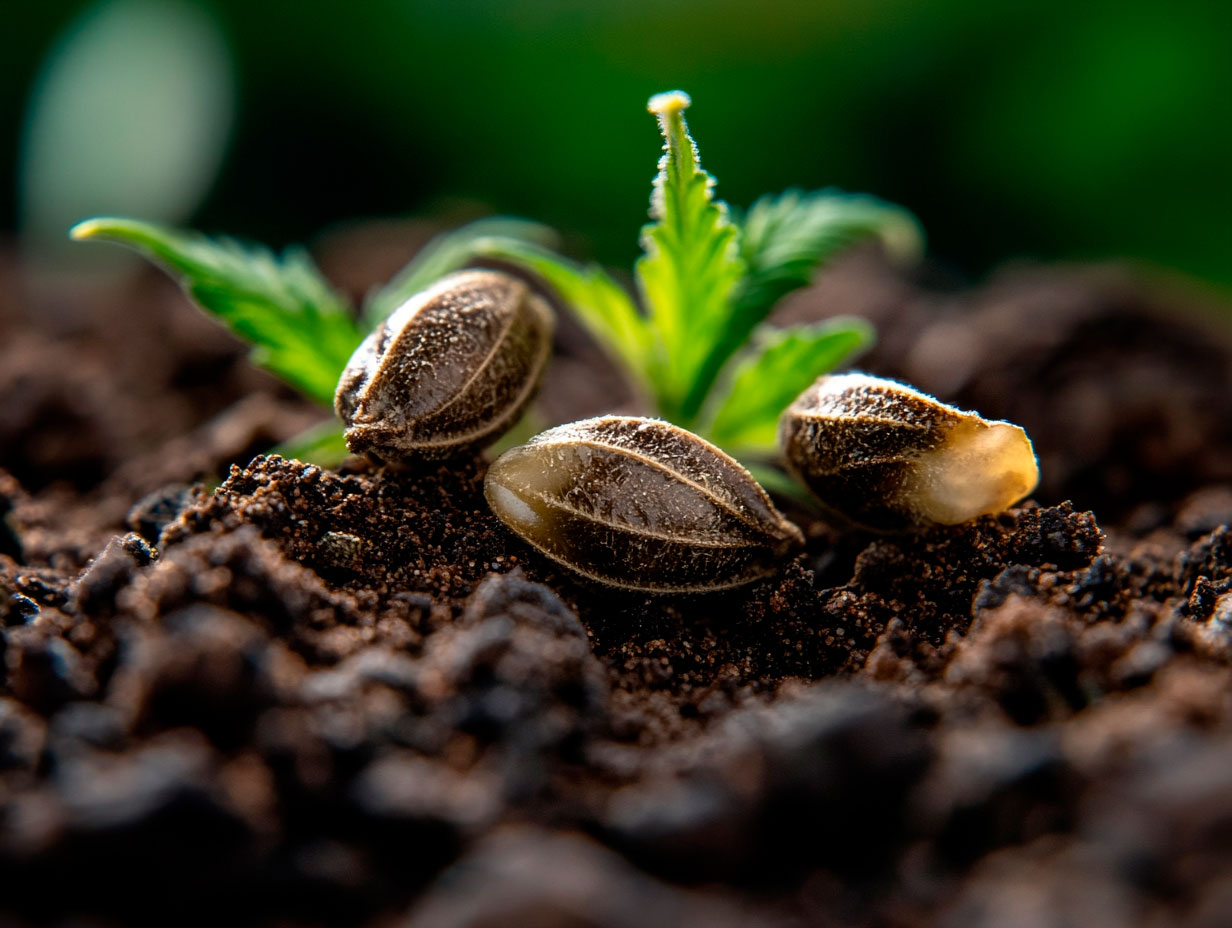 Close-up of cannabis seeds on natural soil, showing texture and color in an outdoor setting to illustrate what are autoflower seeds.