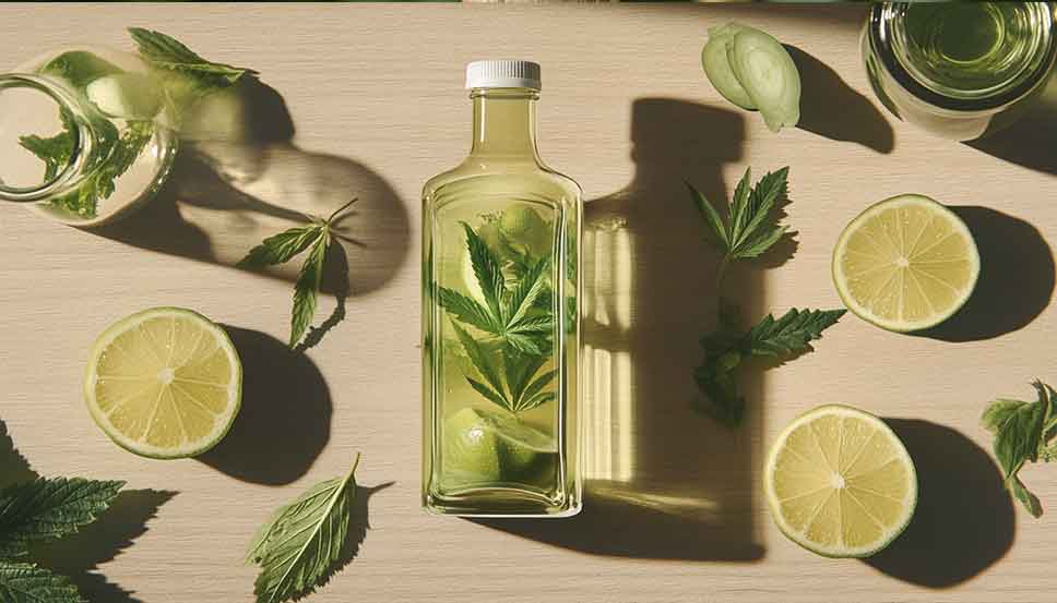 Natural ingredients for marijuana detox drinks: lemon, cranberries, ginger, mint, and green tea displayed on a wooden table.