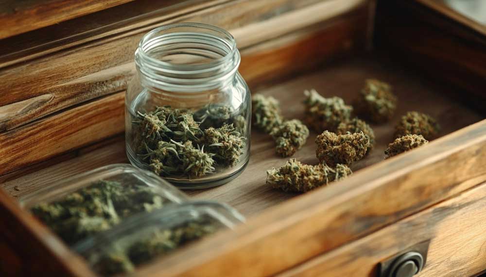Drawer showing side-by-side comparison of cannabis: one side stored in a jar, the other exposed and degraded – does weed expire visual example