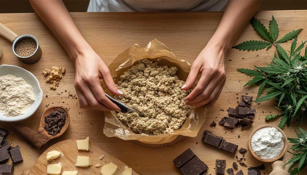 Group of friends casually preparing a space cake in a cozy kitchen, with cannabis ingredients visible on the table.