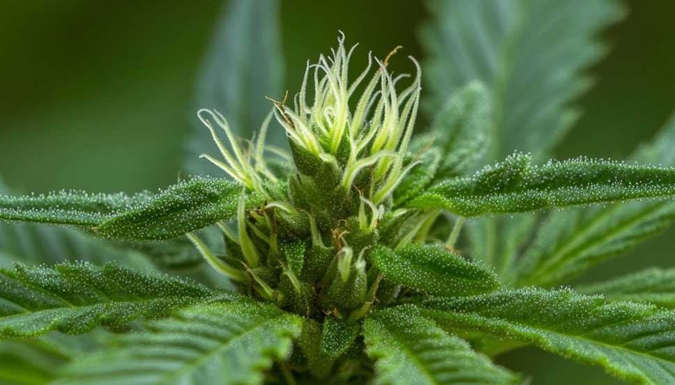 Close-up of cannabis plant from one of the strains with the most trichomes, with sparkling crystal glands. 