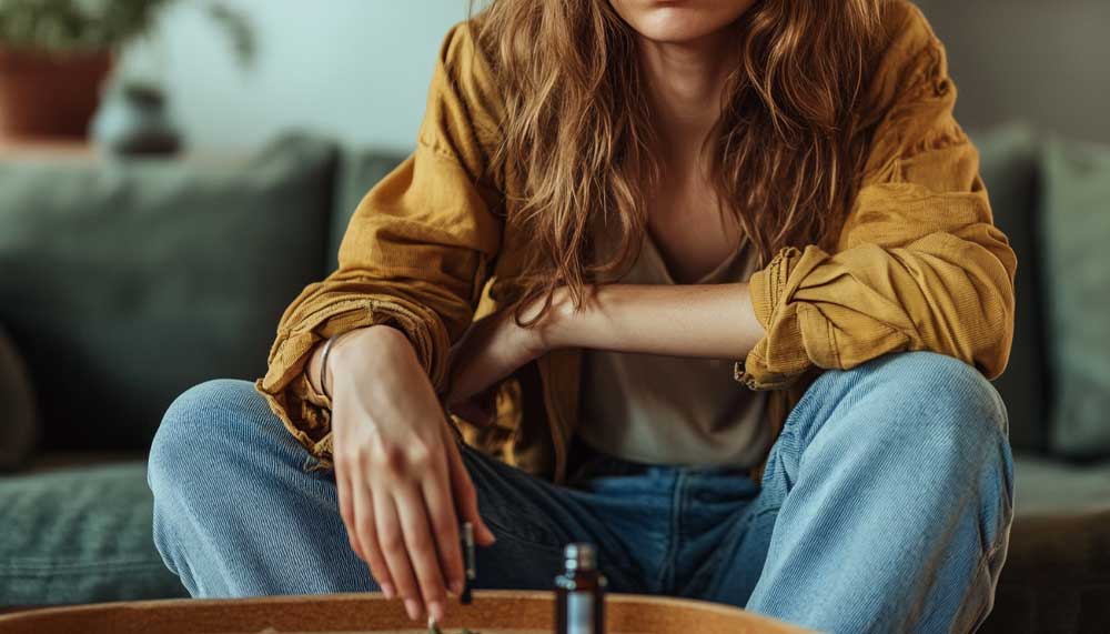 Person with hand on stomach, holding a vape pen – does weed cause gastritis concern