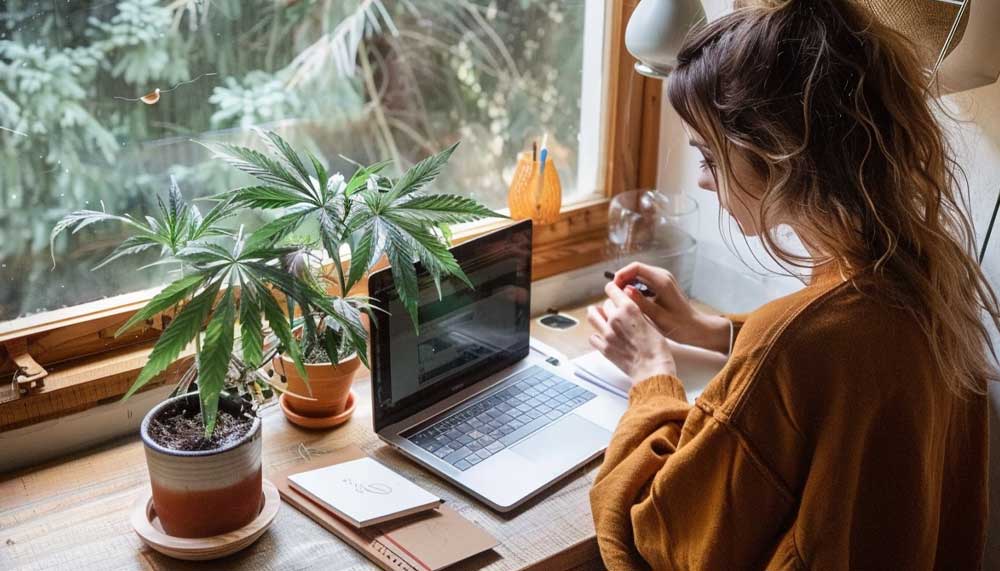 Working at a desk with a cannabis plant nearby – weed and productivity combined at home